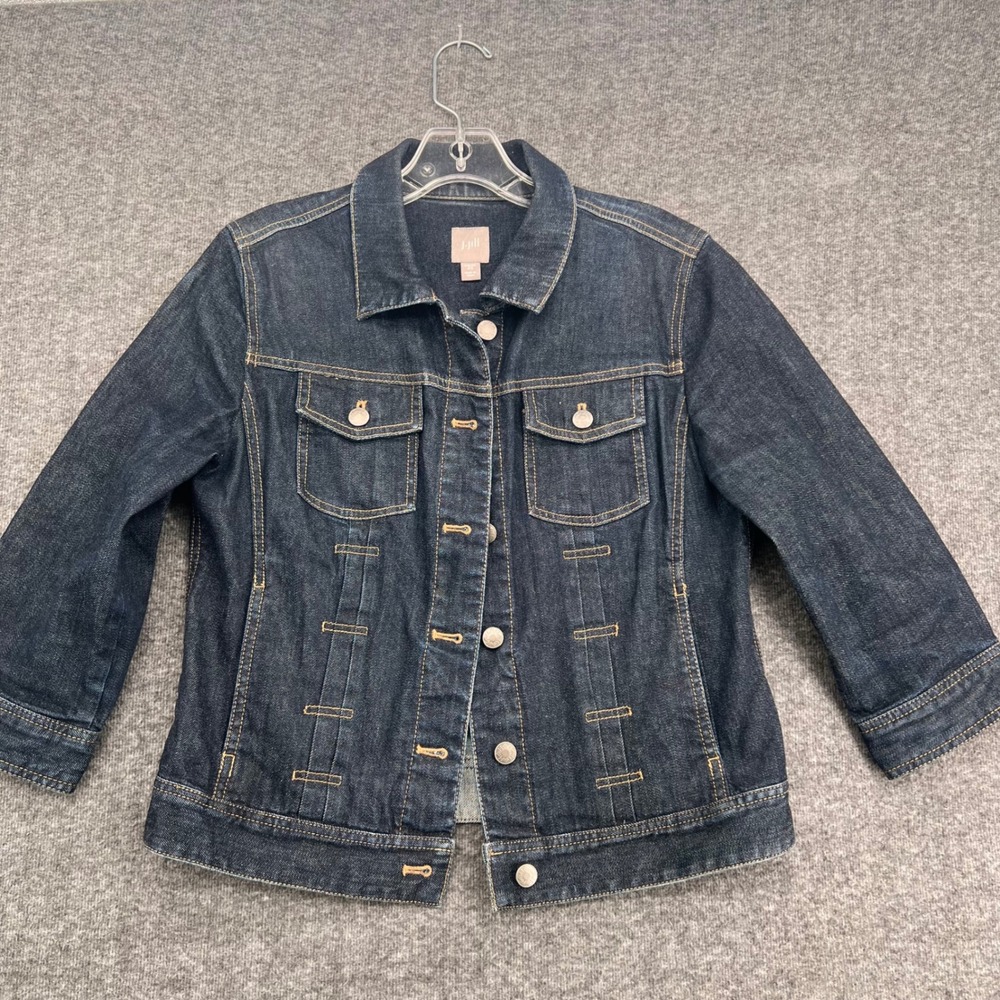 J. Jill Women Dark Wash Stretch Denim Trucker Jacket Indigo XS 3/4 Sleeve - Picture 2 of 10